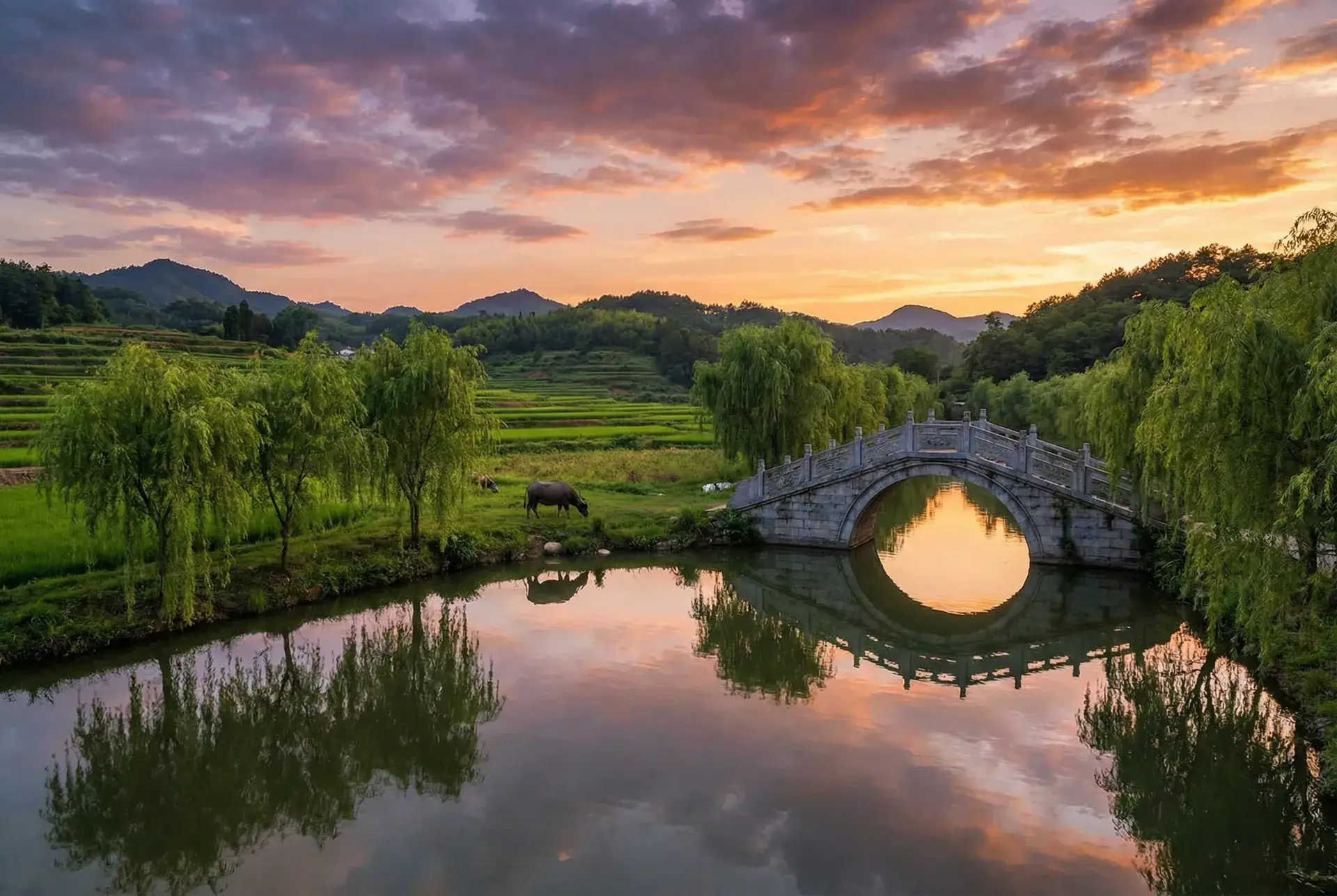夕阳下的石拱桥与垂柳，水牛在河边吃草 - enbd-5015 乡村美景
